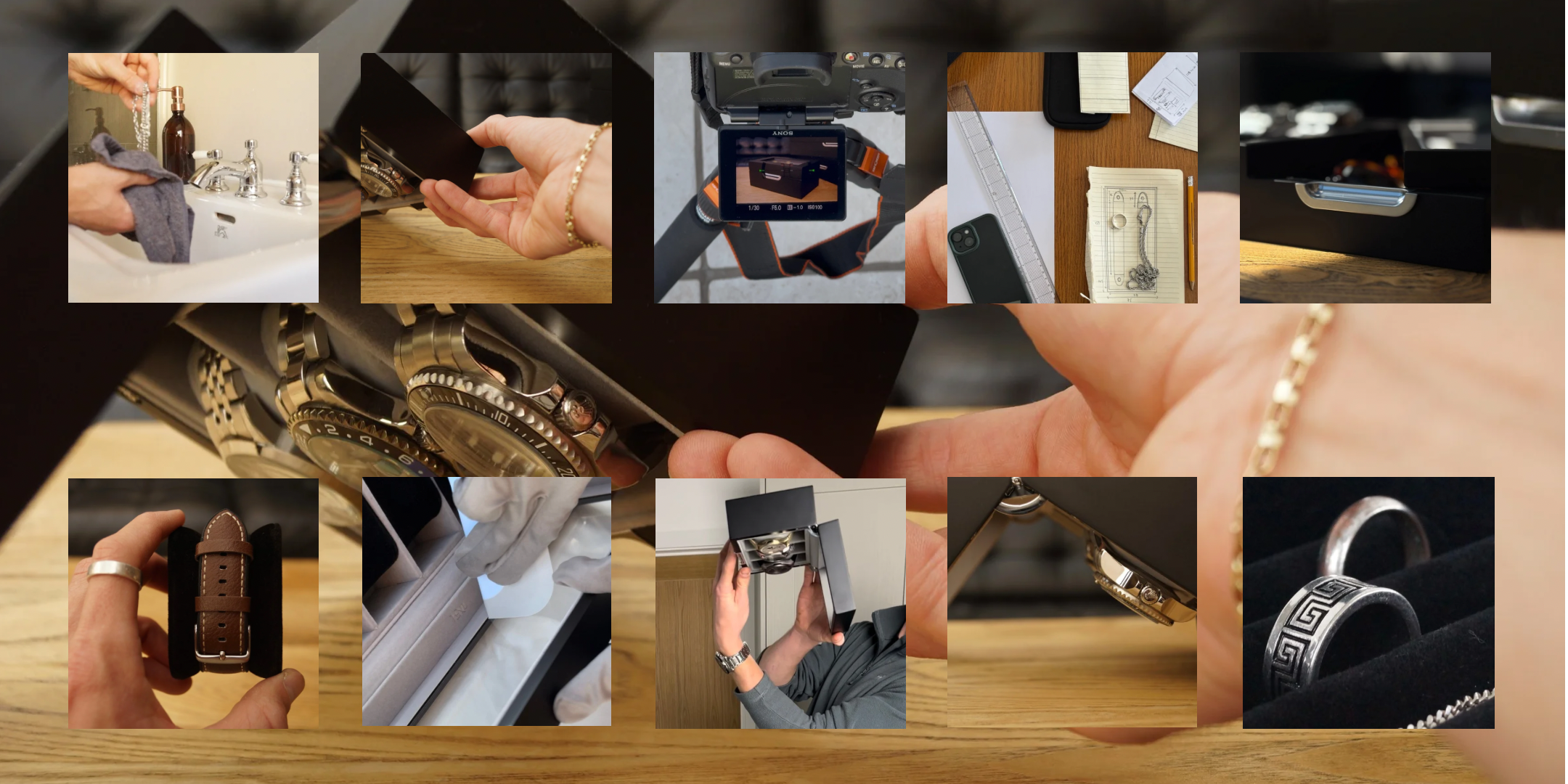 Eight close up images of a section of watch and jewellery boxes filled with watches, rings, necklaces and bracelets.
