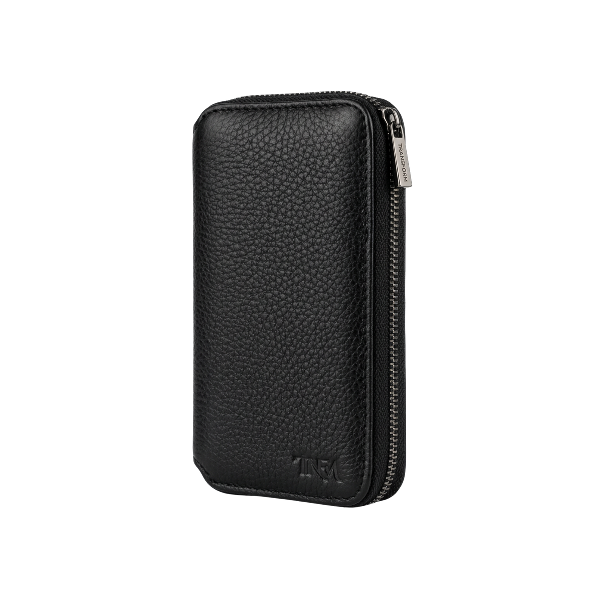 Side view of a compact black leather jewellery case with no background.