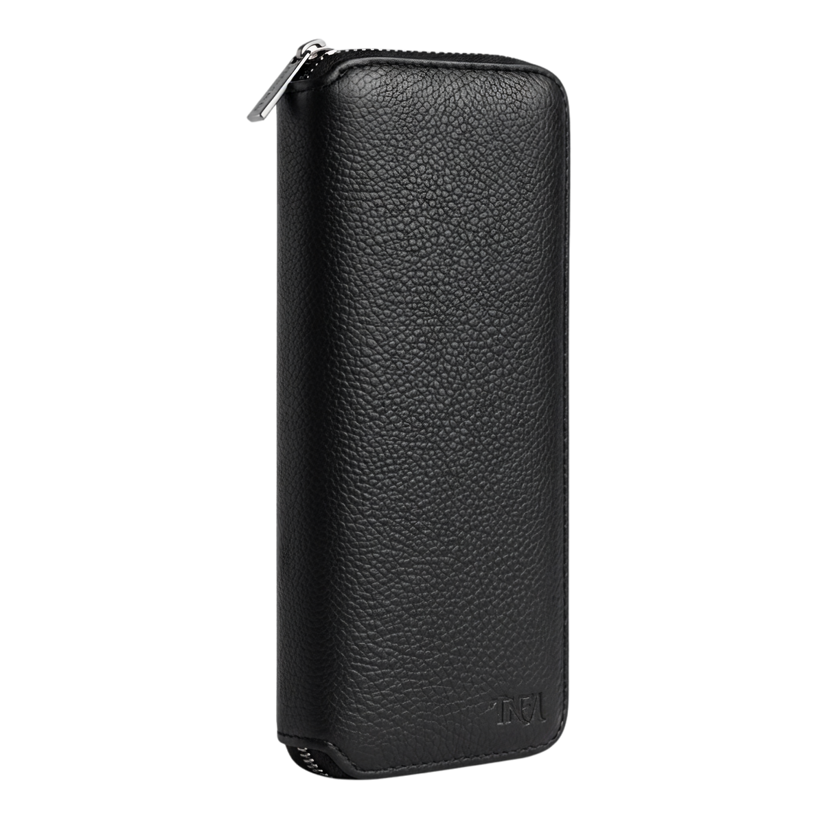 Front view of a large black leather jewellery travel case with no background.