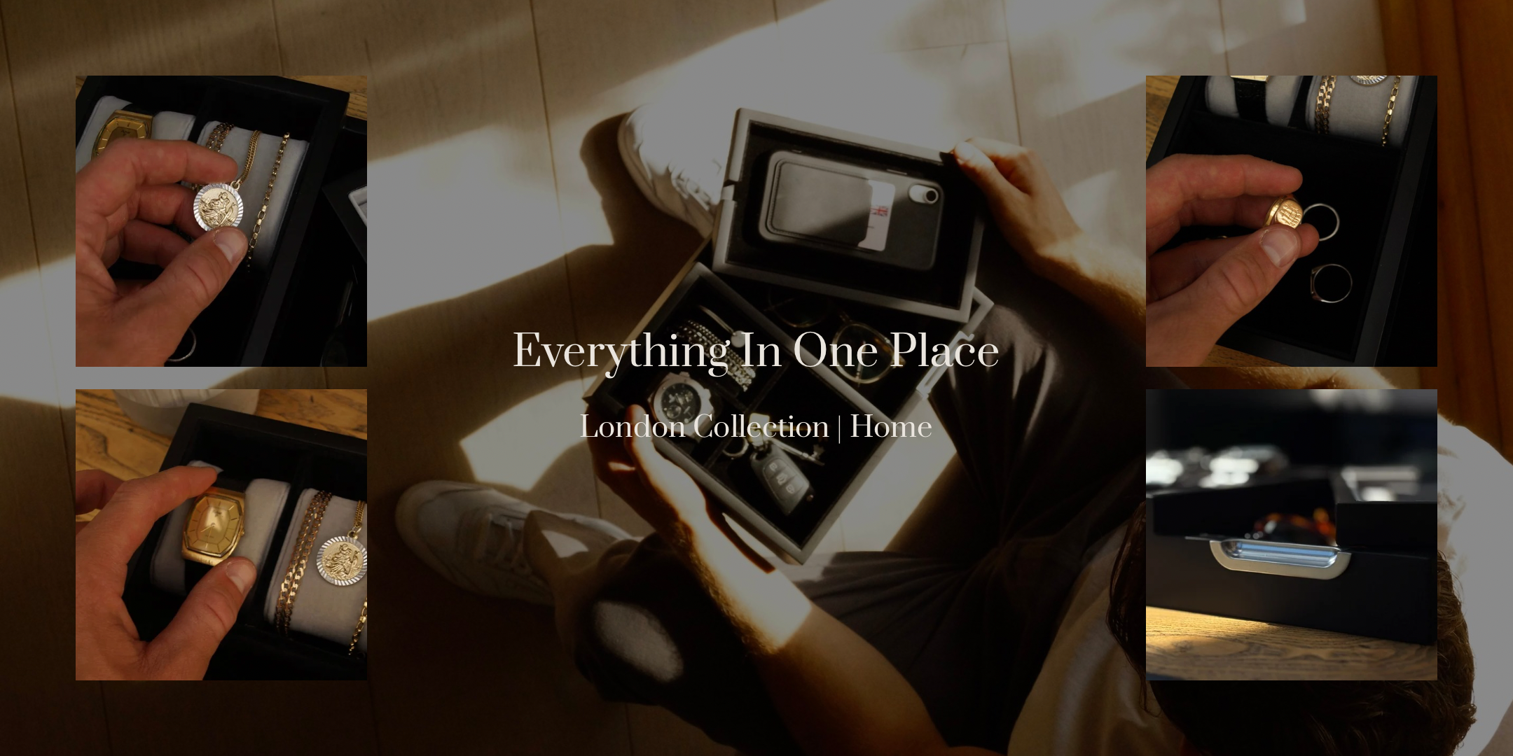 Composite lifestyle image of the black LDN Il men's watch, jewellery and accessory organiser by Transform. Main photo shows the organiser filled with a phone, watch, necklace, car keys and glasses in a man's hands while seated, with four smaller close-up sections highlighting the necklace, watch, rings being held, and the opening section. Text overlay reads 'Everything in one place. London Collection / Home.