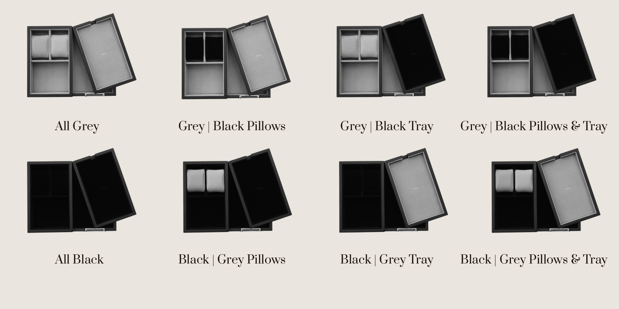 Landscape bird’s eye view of eight LDN Il men's watch, jewellery and accessory organisers by Transform, showing all available colourways with the text labels of each colourway written underneath each product.