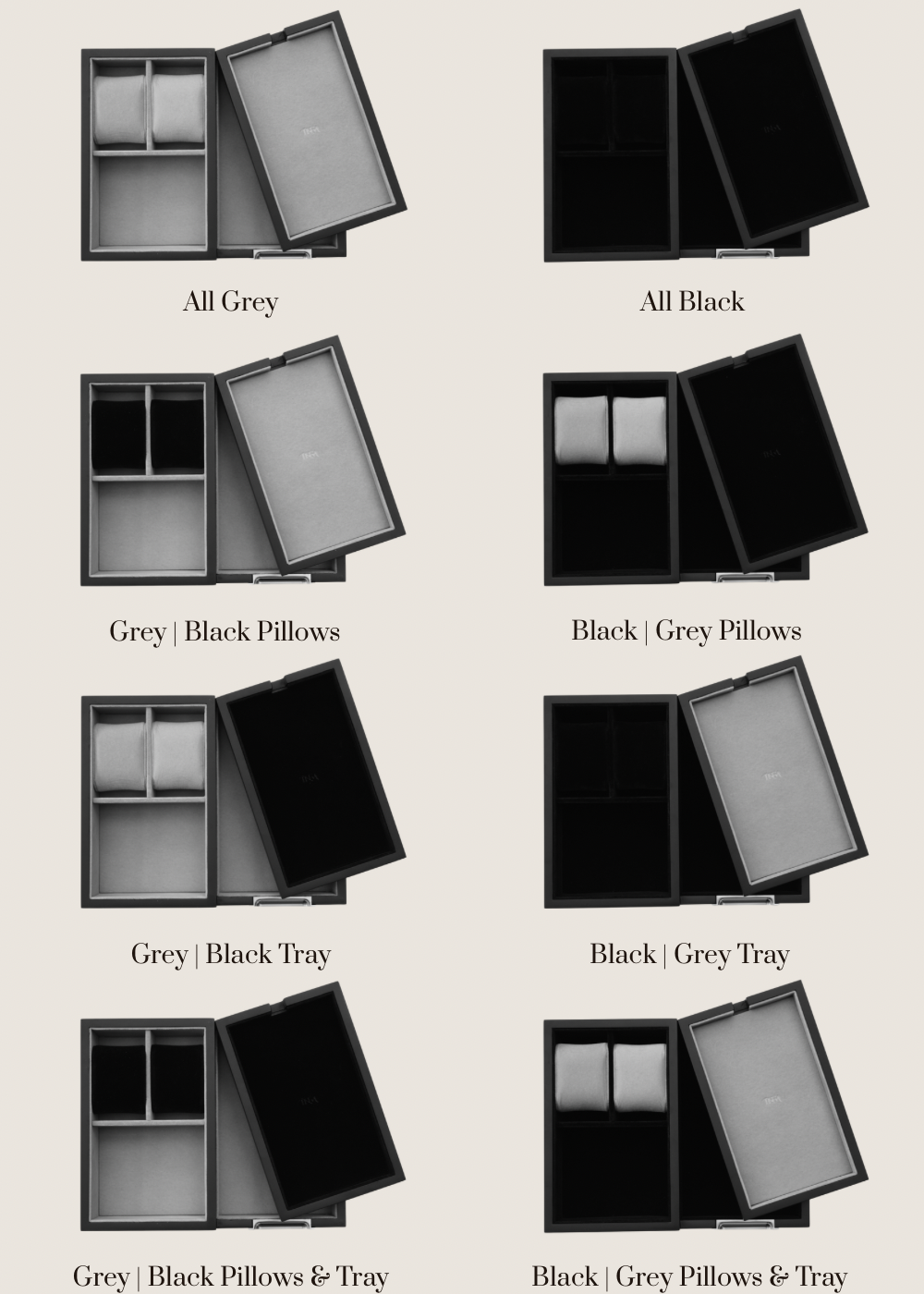 Bird's eye view of eight LDN Il men's watch, jewellery and accessory organisers by Transform, showing all available colourways with the text labels of each colourway written underneath each product.