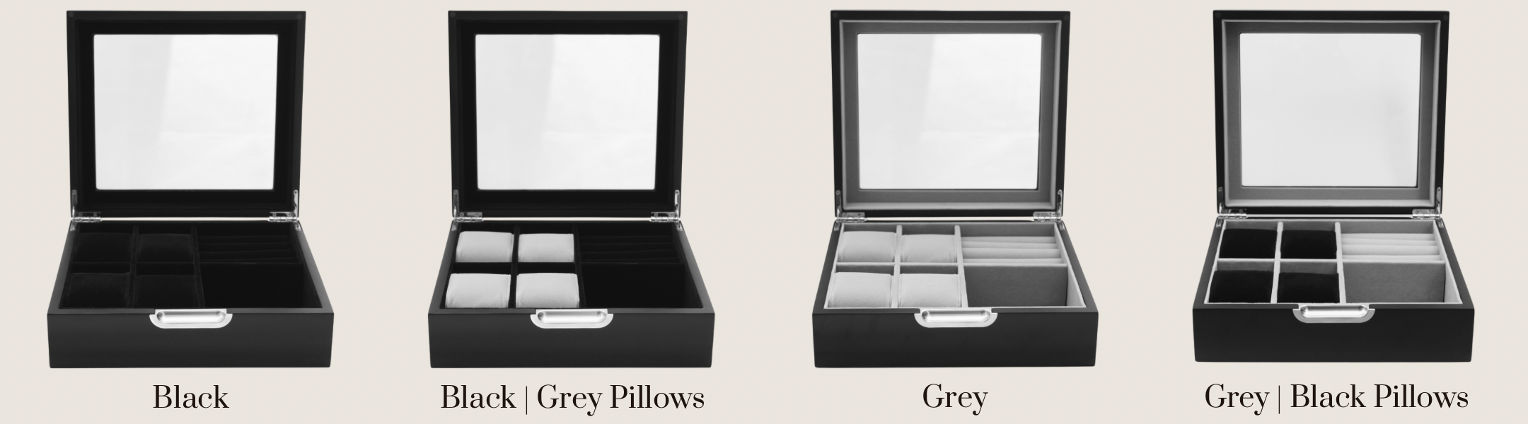 Landscape frontal view of four LDN IV men's 4-slot watch and jewellery boxes by Transform, showing all available colourways with the text labels of each colourway written underneath each product.