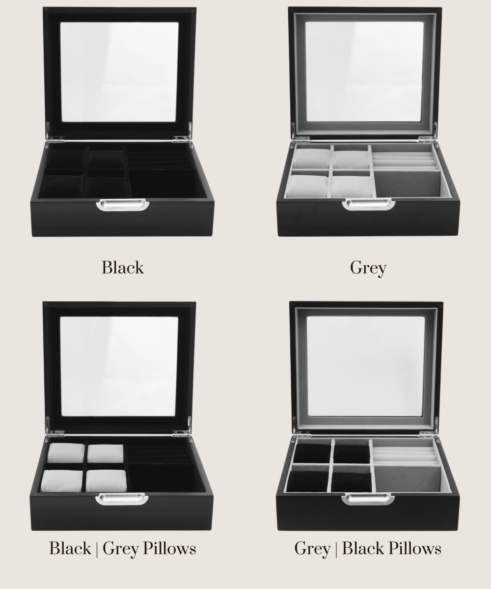 Frontal view of four LDN IV men's 4-slot watch and jewellery boxes by Transform, showing all available colourways with the text labels of each colourway written underneath each product.