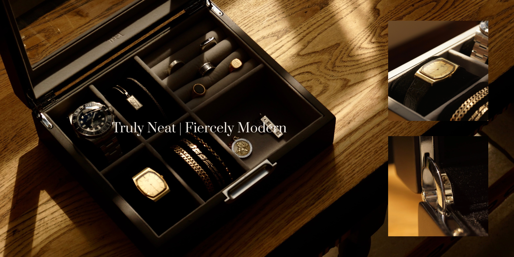 Landscape composite lifestyle image of the LDN IV men’s 4-slot black watch box by Transform, shown open and filled with watches, necklaces, rings and bracelets. The image also includes two close-up sections highlighting the watch storage area and a silver hinge. Text overlay reads ‘Truly neat, fiercely modern.