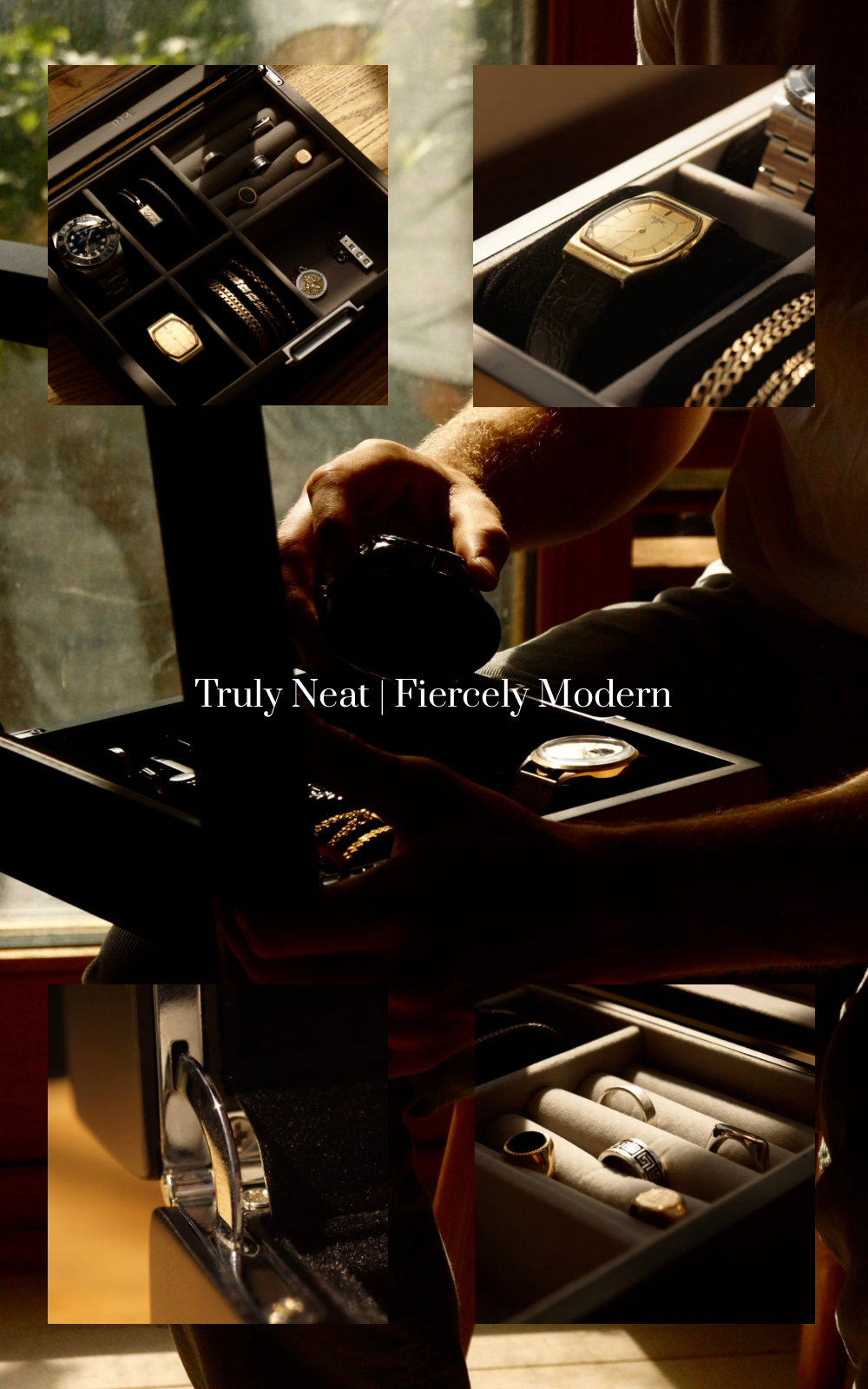 Side-on lifestyle composite image of the LDN IV men’s 4-slot black watch box by Transform, showing a man removing a watch from the organiser filled with watches and jewellery. The image also contains four smaller close-ups highlighting the jewellery section, a hinge, the watch section, and the full box interior. Text overlay reads ‘Truly Neat, Fiercely Modern.