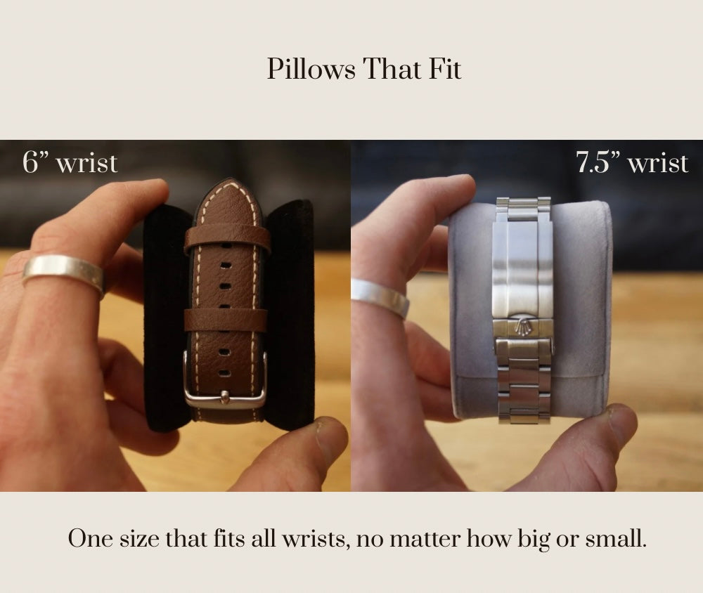 Feature image for the LDN IV men's 4-slot watch and jewellery box by Transform, showing two watch pillows holding watches. One pillow is adjusted for a small wrist size and the other for a large wrist size. Text overlay above reads 'Pillows that fit' and below reads 'One size that fits all wrists, no matter how big or small.