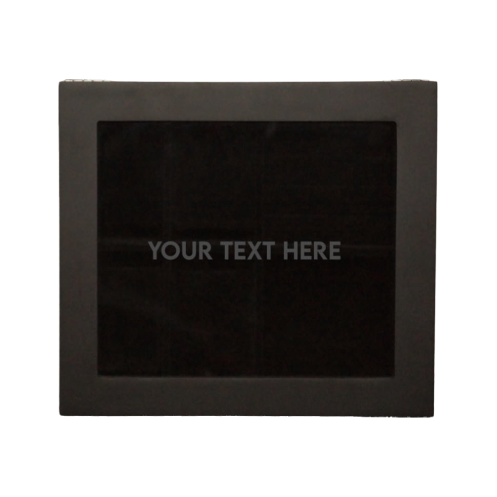 Bird’s-eye view of the LDN IV men’s 4-slot watch and jewellery box by Transform with the lid closed, showing the personalisation option with the words ‘Your text here’ etched onto the glass lid.