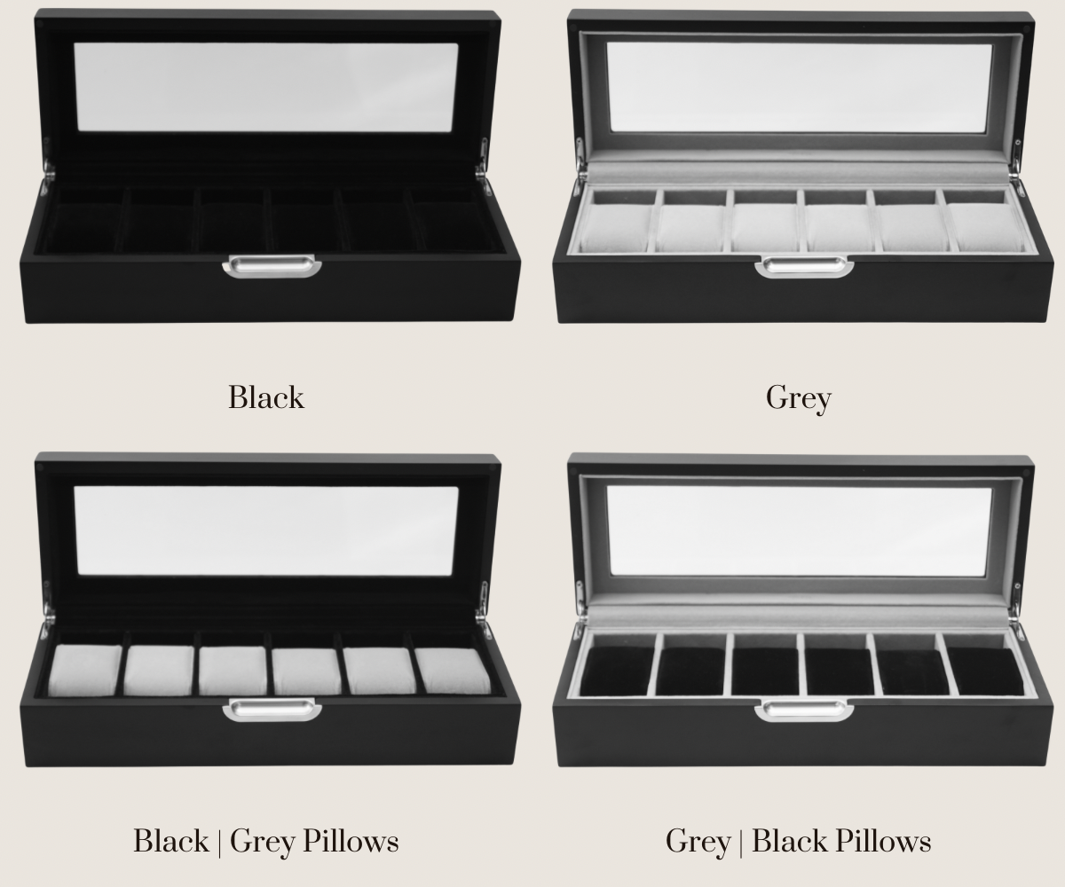 Frontal view of four LDN VI men's 6-slot watch boxes by Transform, showing all available colourways with the text labels of each colourway written underneath each product.