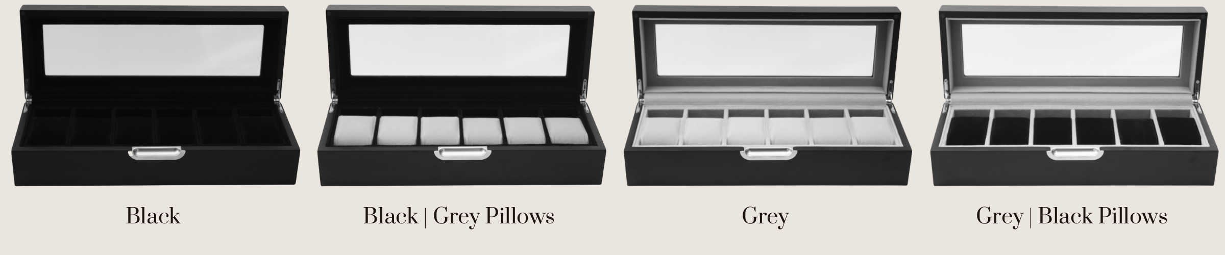 Landscape frontal view of four LDN VI men's 6-slot watch boxes by Transform, showing all available colourways with the text labels of each colourway written underneath each product.