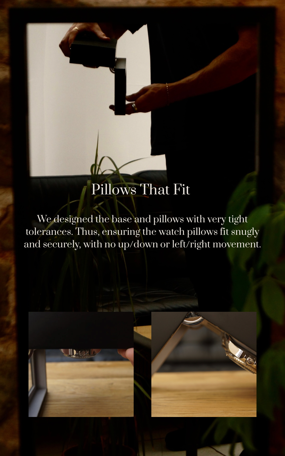 Composite feature image of the LDN VI men's 6-slot black watch box by Transform, showing the product being turned upside down while filled with watches, with two additional close-up images highlighting the secure pillow fit. Text overlay reads 'Pillows That Fit' followed by 'We designed the base and pillows with very tight tolerances, thus ensuring the watch pillows fit snugly and securely with no up/ down or left/right movement.