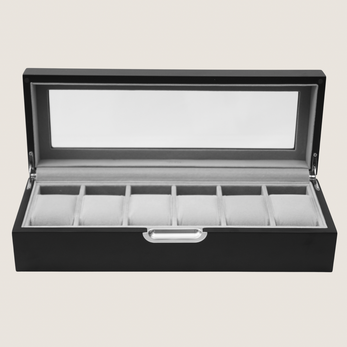 A black watch display box with an open lid and a clear glass window, showing a light grey interior with six watch slots.