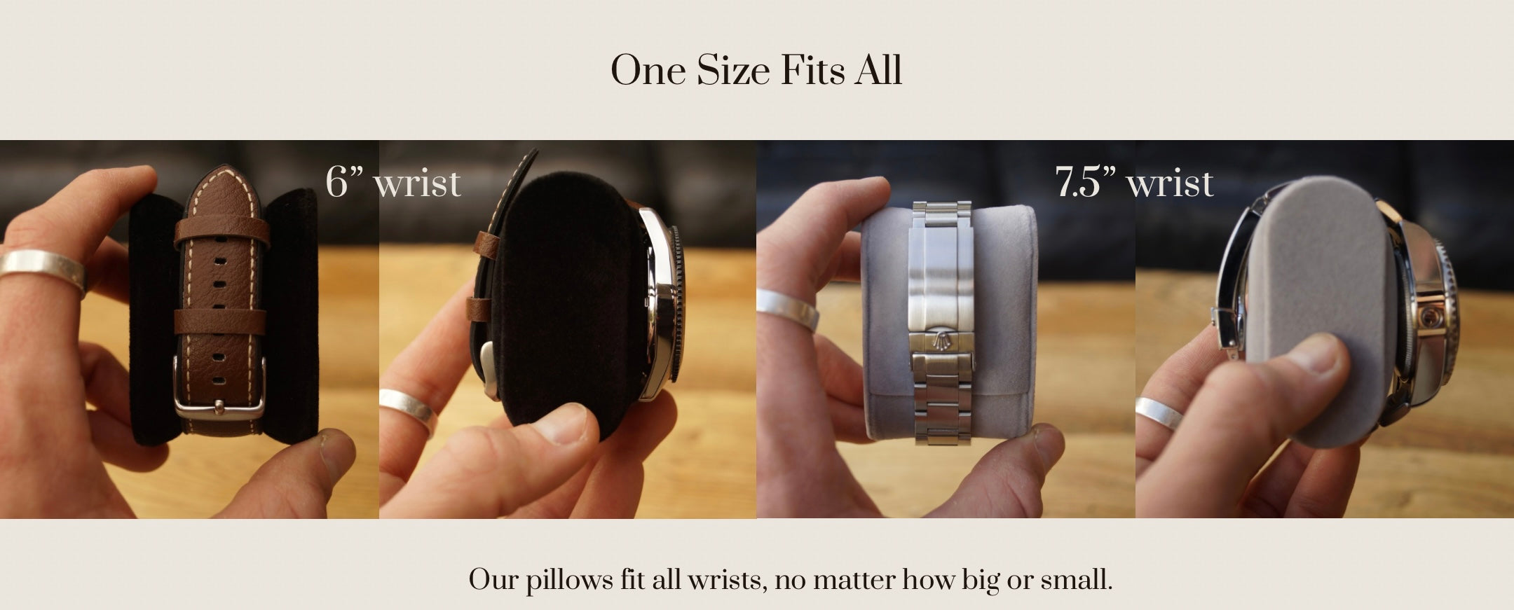 Landscape feature image for the LDN VI men's 6-slot watch box by Transform, showing two watch pillows holding watches. One pillow is adjusted for a small wrist size and the other for a large wrist size. Text overlay above reads 'One Size Fits All' and below reads 'Our pillows fit all wrists, no matter how big or small.