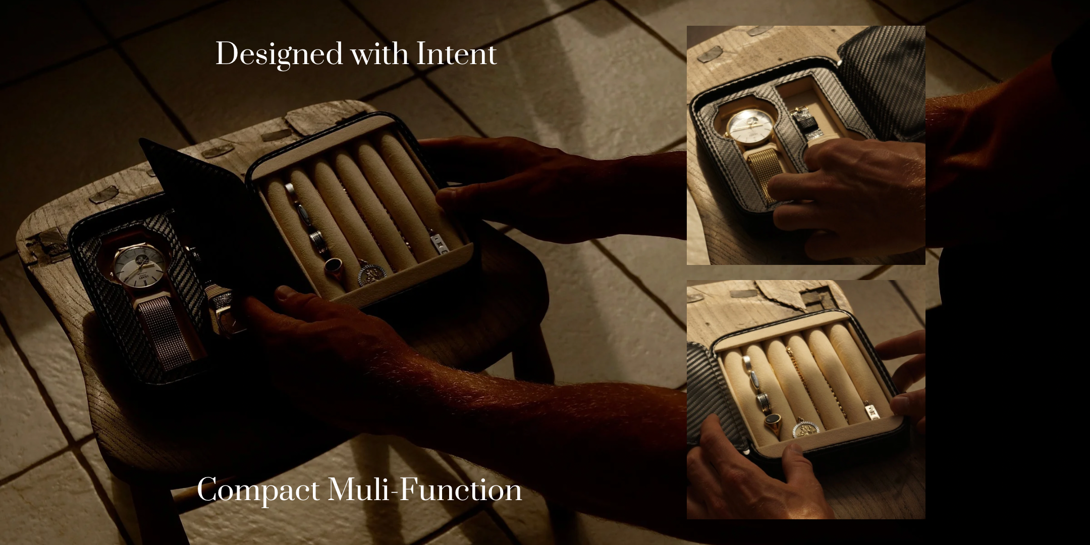 Landscape composite lifestyle image of the Stealth II men’s 2-slot watch and jewellery case by Transform, shown open and filled with watches, necklaces, rings and bracelets. The image also includes two close-up sections highlighting the watch and jewellery storage areas. Text overlay reads ‘Compact Multi-Function’