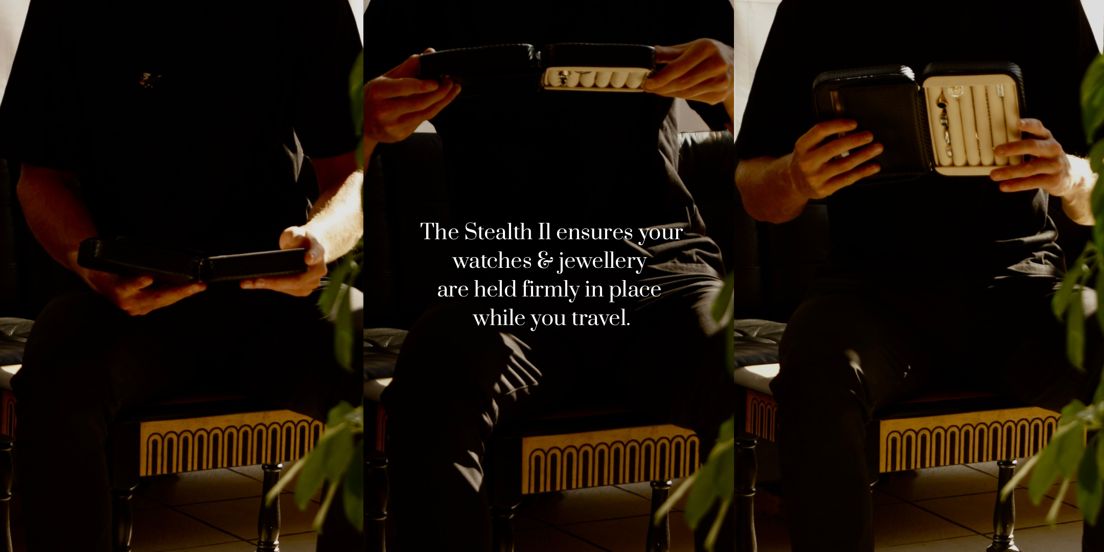 Landscape composite feature image of the Stealth II men's 2-slot watch and jewellery case by Transform, showing the product being turned upside down while filled with watches and jewellery. Text overlay reads 'The Stealth II ensures your watches and jewellery are held safely and securely as you travel.’