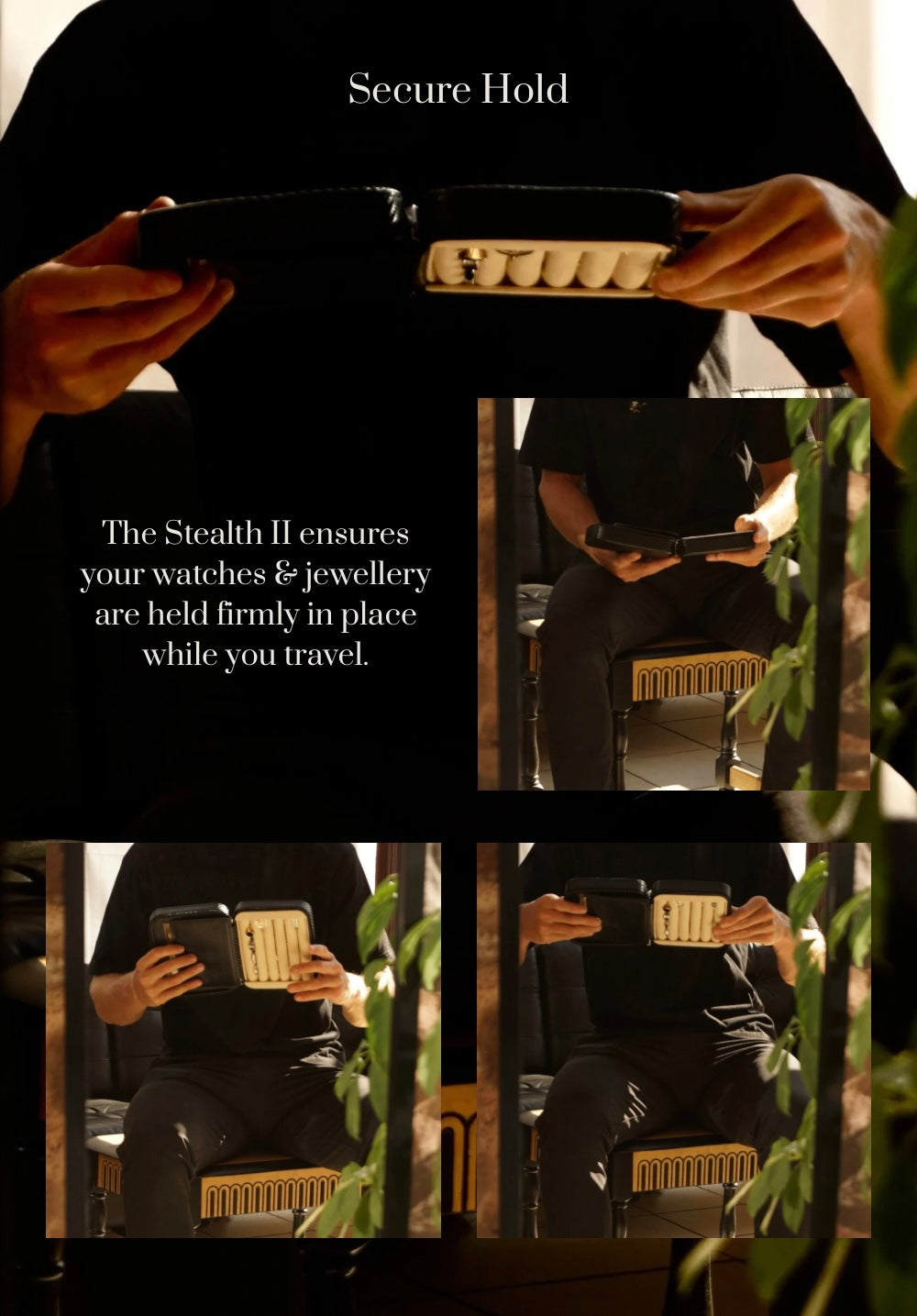 Composite feature image of the Stealth II men's 2-slot watch and jewellery case by Transform, showing the product being turned upside down while filled with watches and jewellery. Text overlay reads 'The Stealth II ensures your watches and jewellery are held safely and securely as you travel.’