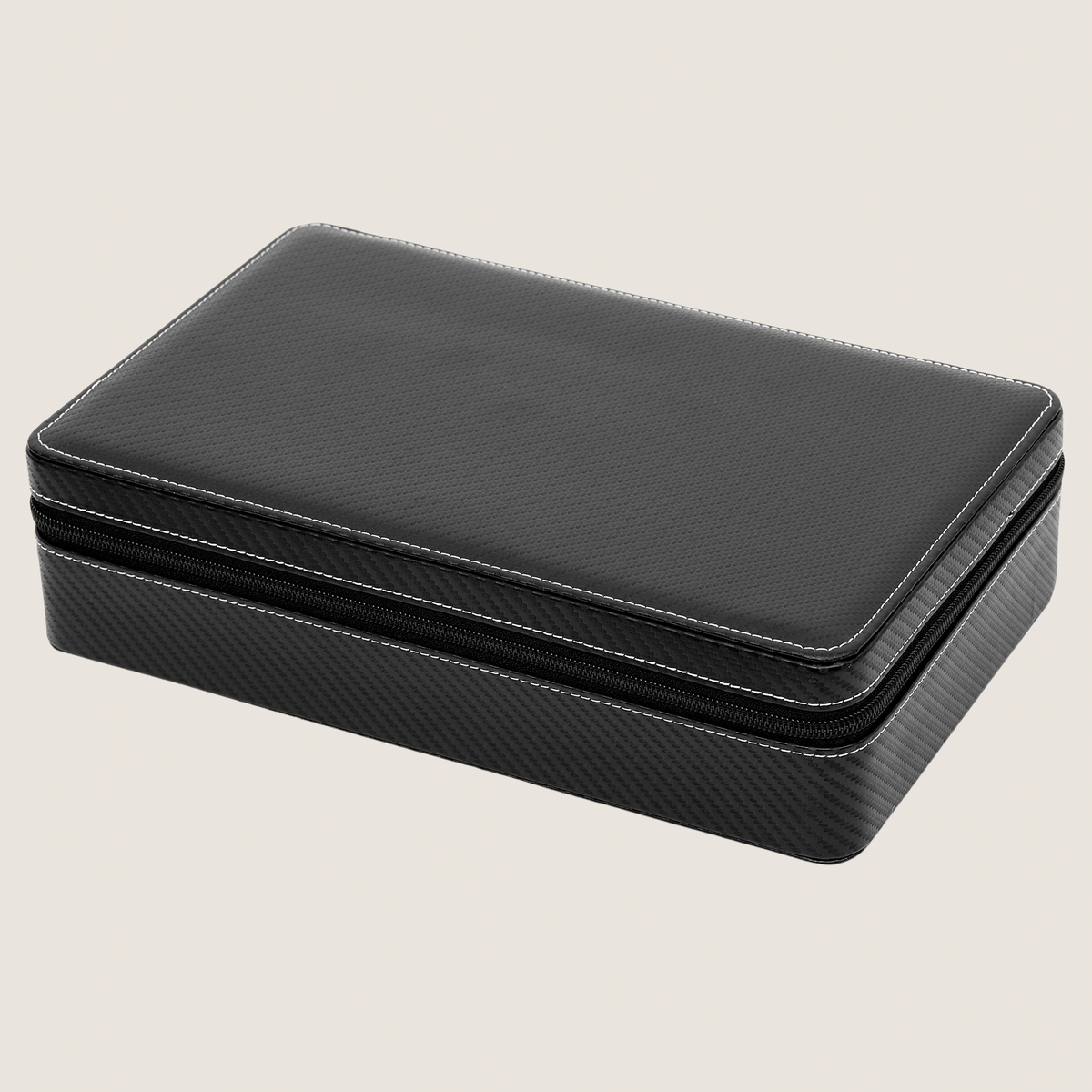 A rectangular black zippered 10-slot watch case with a carbon fiber textured pattern on the sides and a smooth black faux-leather top, shown on a light beige background.