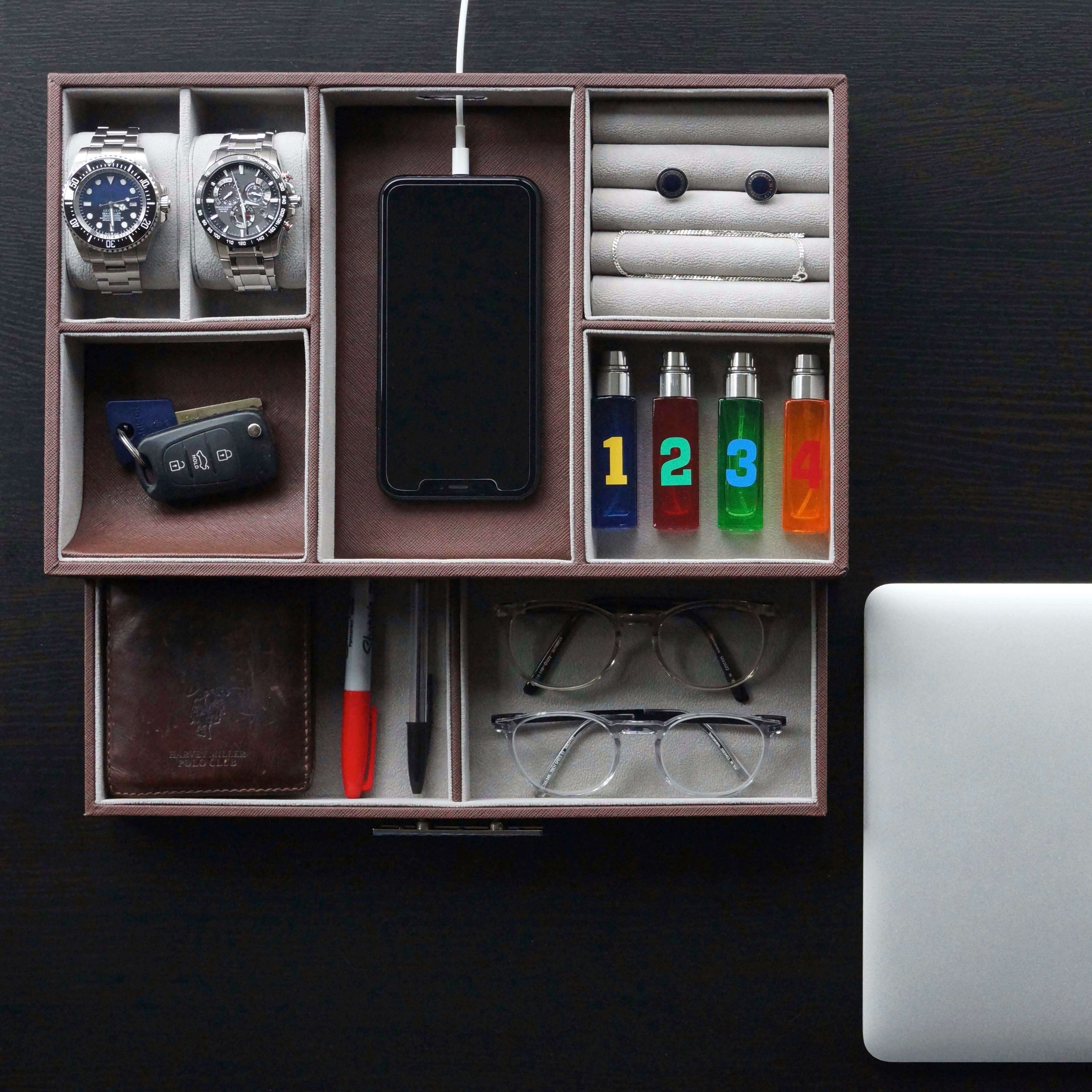 Mens Watch Box Leather Valet Tray - Bedside Table Organizer, Men's