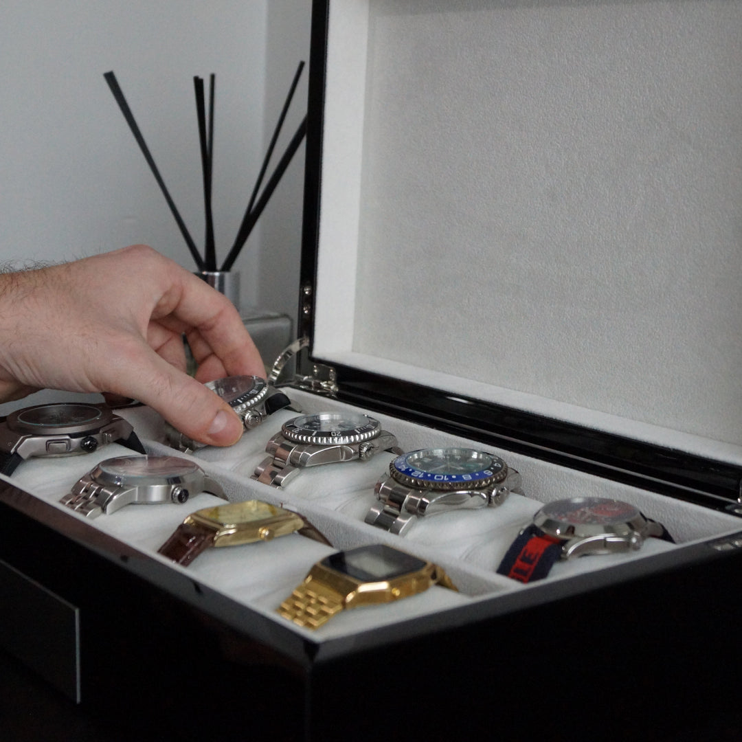 8 slot watch box Gloss black oak veneer exterior Cream velvet interior Chrome silver hinges Handmade ventus transform