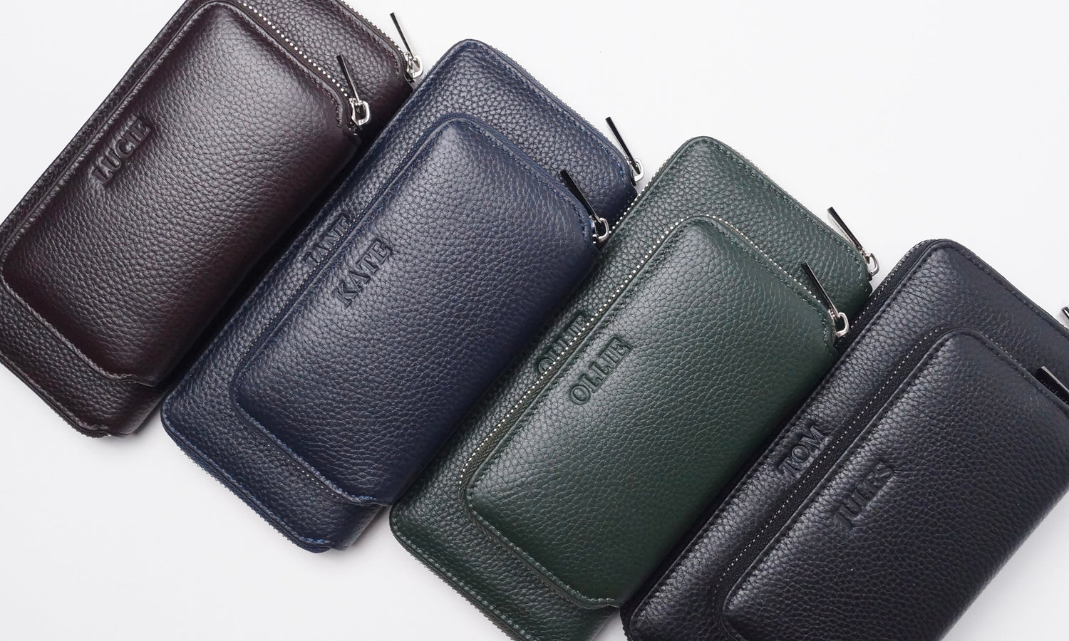Eight leather jewellery travel cases with initials debossed for personalisation