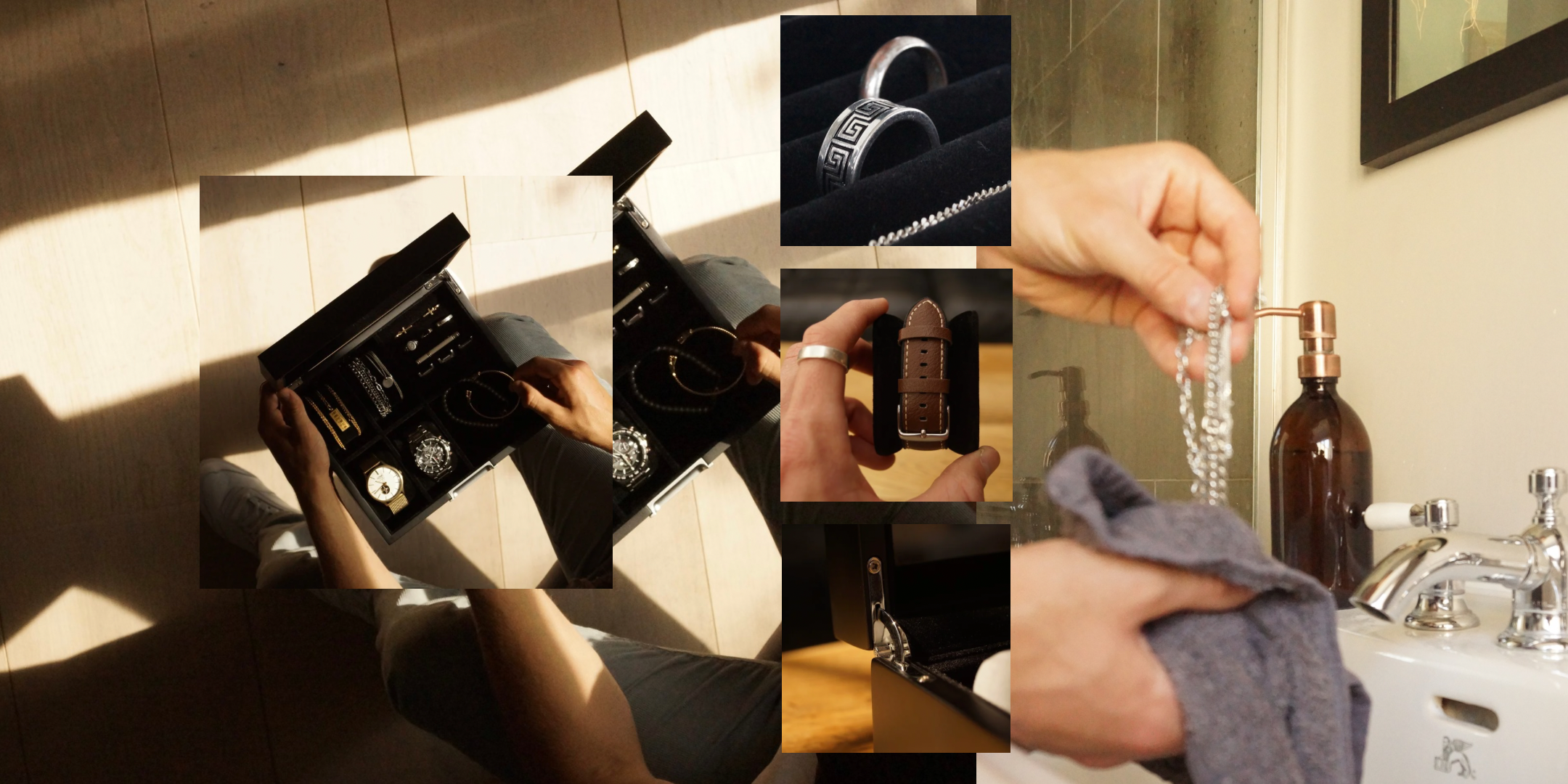 Close up of a man washing jewellery and putting it inside the LDN IV 4-slot watch and jewellery box by Transform.