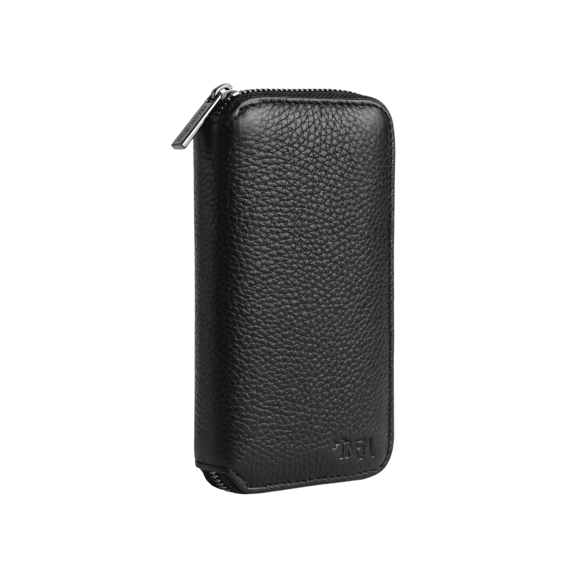 Front view of a compact black leather jewellery case with no background.