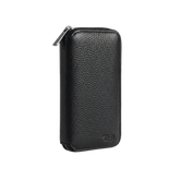 Front view of a compact black leather jewellery case with no background.