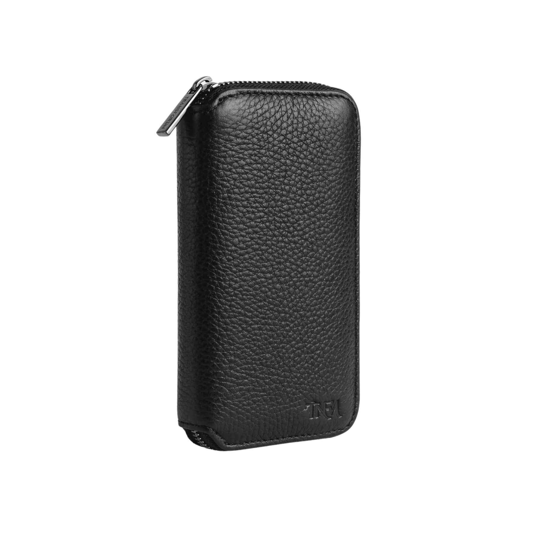 Front view of a compact black leather jewellery case with no background.