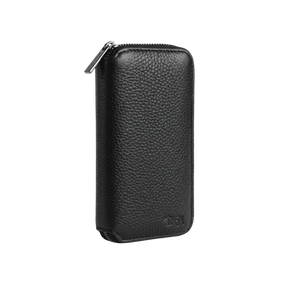 Front view of a compact black leather jewellery case with no background.
