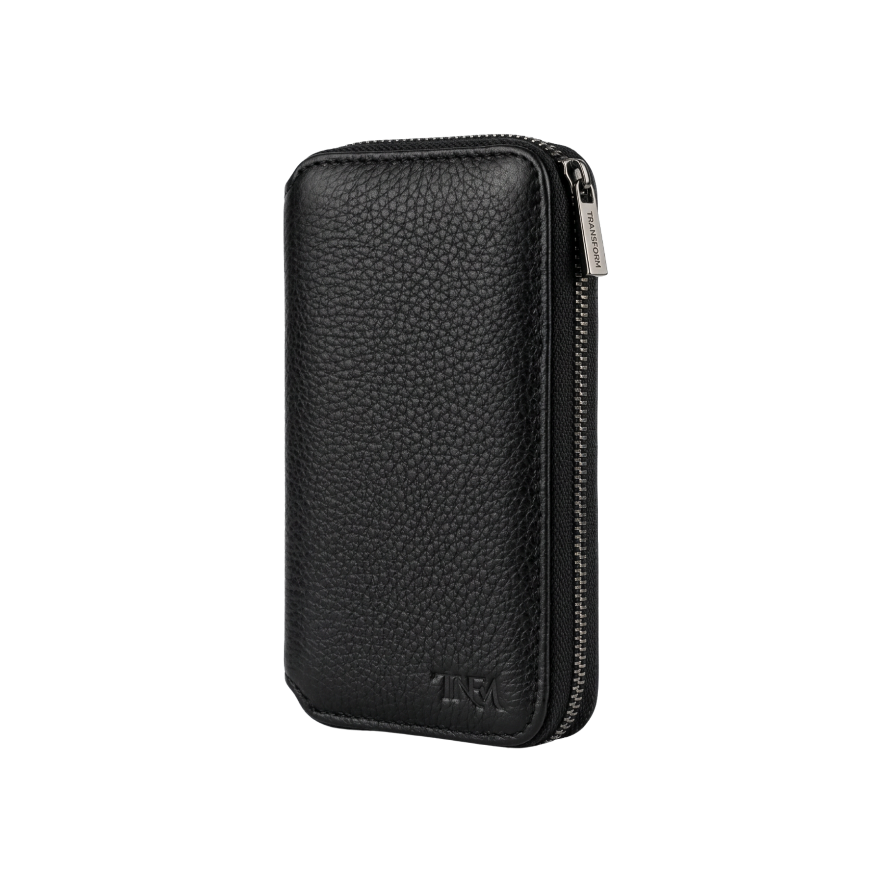 Side view of a compact black leather jewellery case with no background.