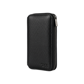 Side view of a compact black leather jewellery case with no background.