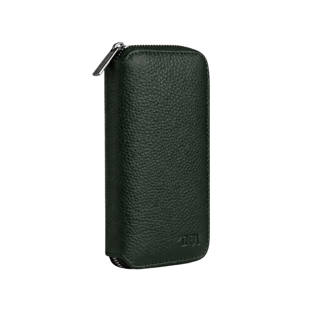 Compact leather jewellery travel case in dark green with no background.