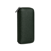 Compact leather jewellery travel case in dark green with no background.