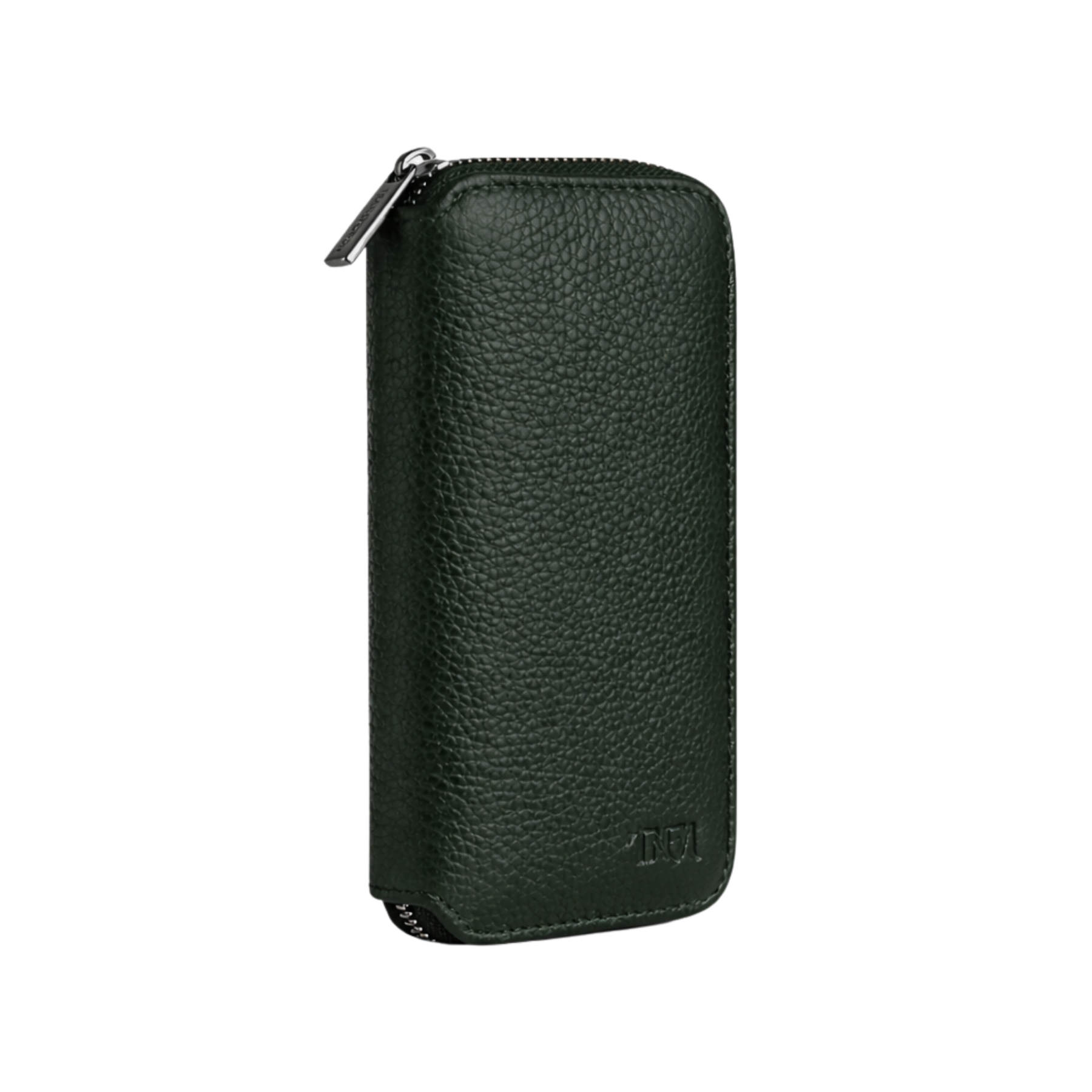 Compact leather jewellery travel case in dark green with no background.