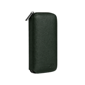 Compact leather jewellery travel case in dark green with no background.