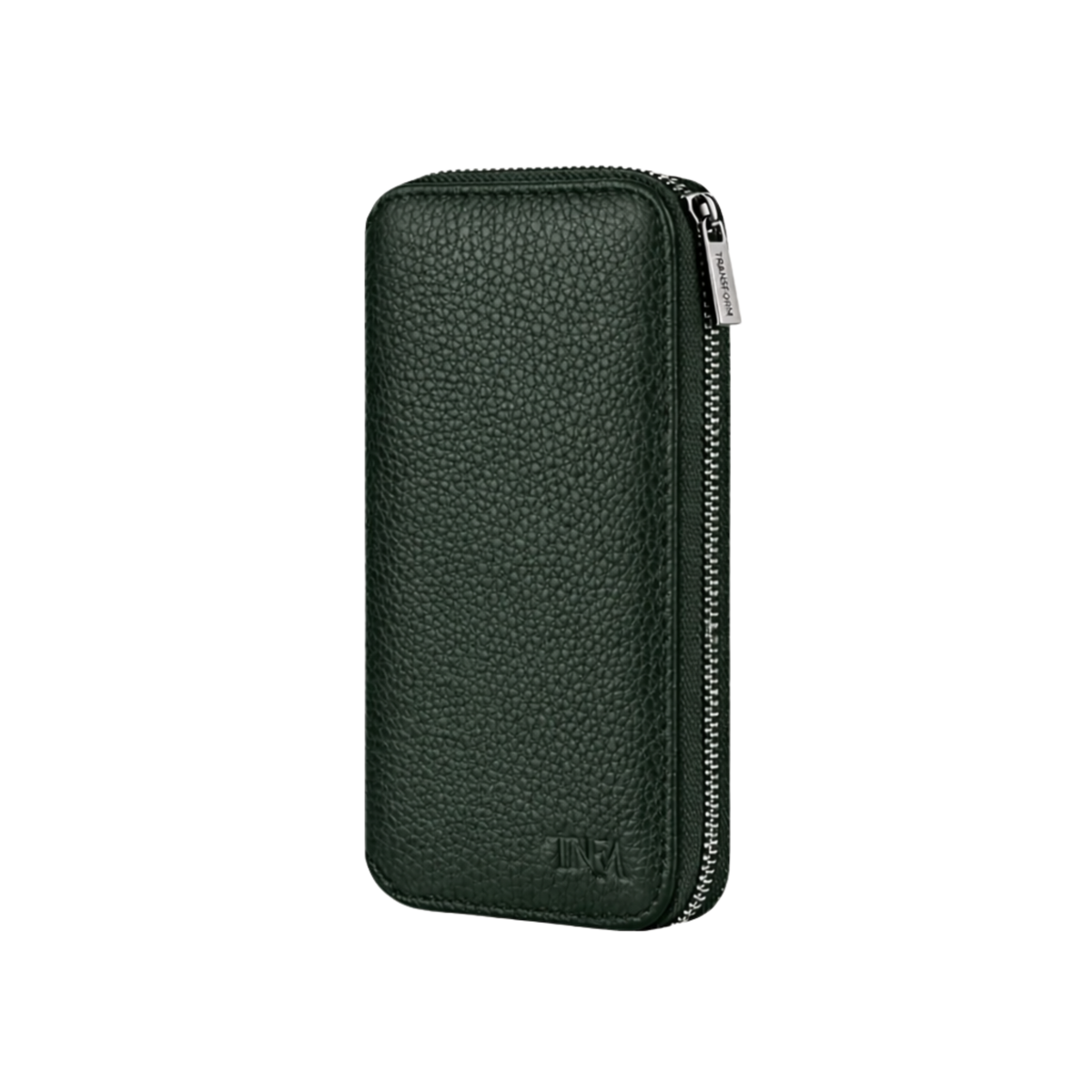 Compact leather jewellery travel case in dark green with no background.