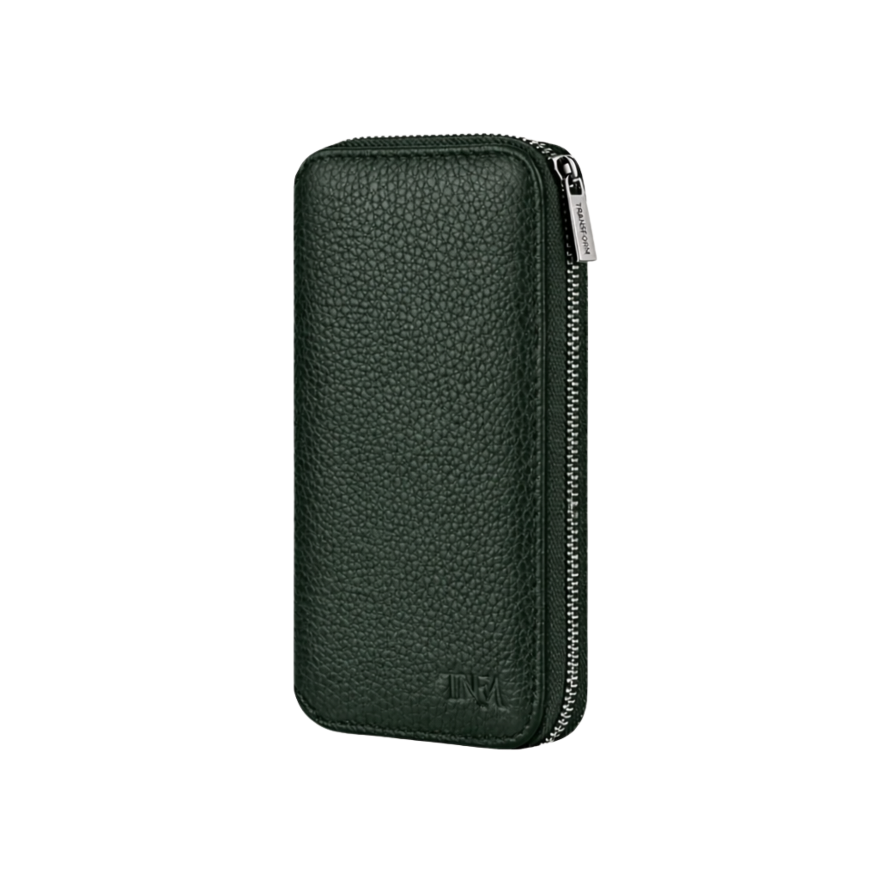 Compact leather jewellery travel case in dark green with no background.