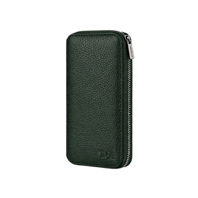 Compact leather jewellery travel case in dark green with no background.
