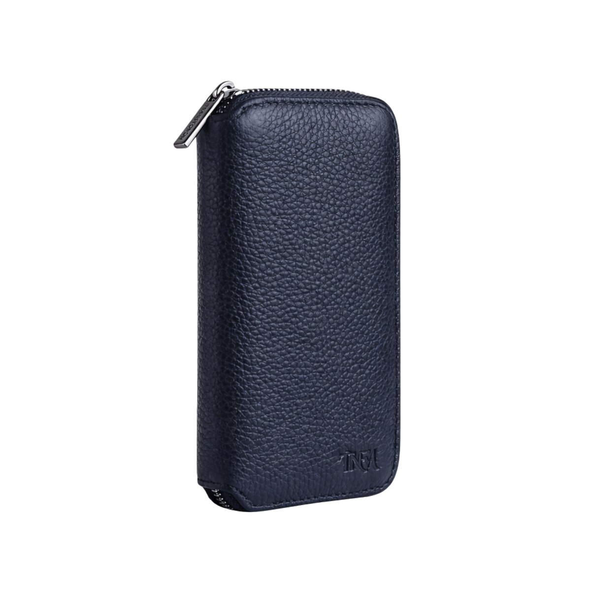 Compact jewellery travel case in navy leather with no background.