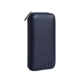 Compact jewellery travel case in navy leather with no background.