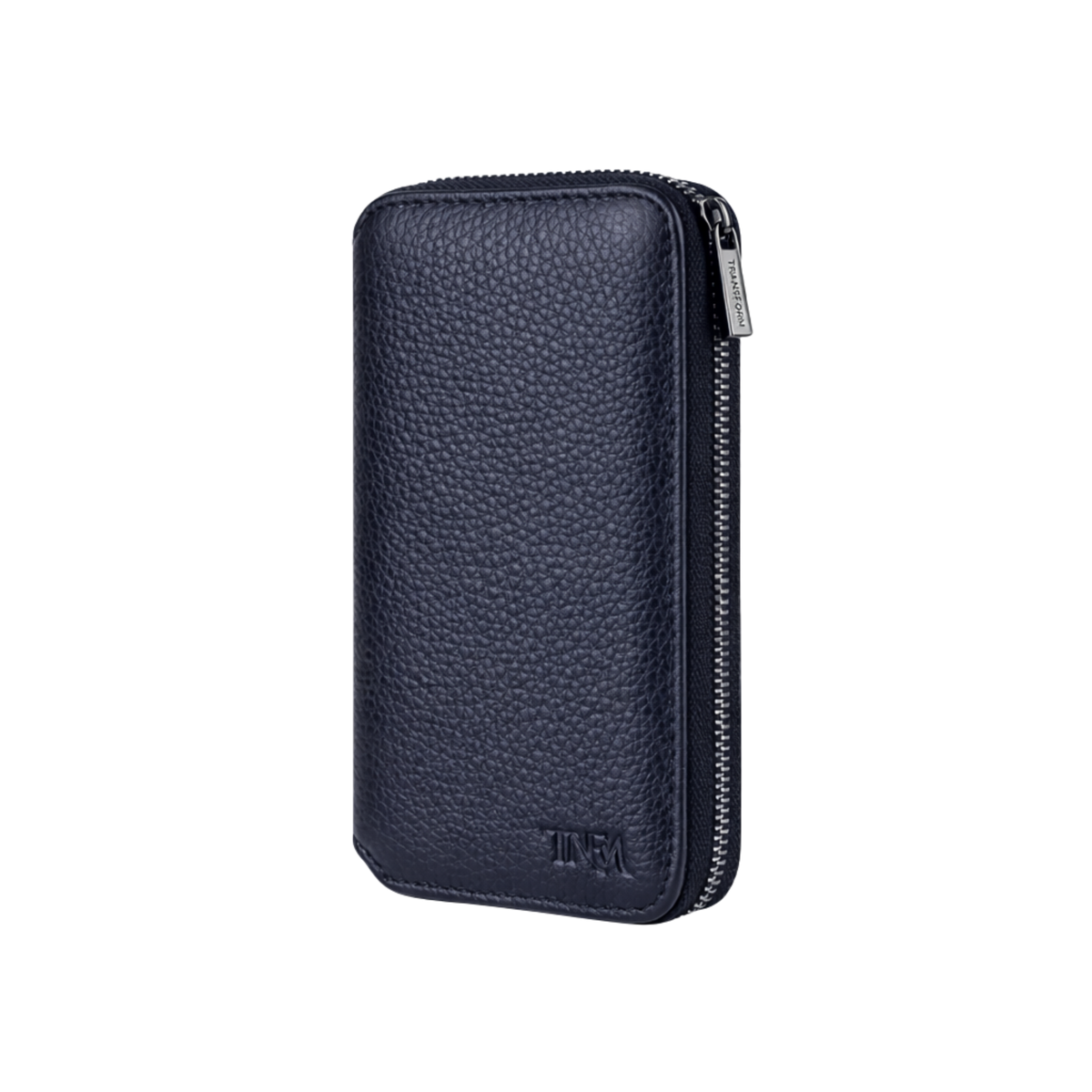 Compact jewellery travel case in navy leather with no background.