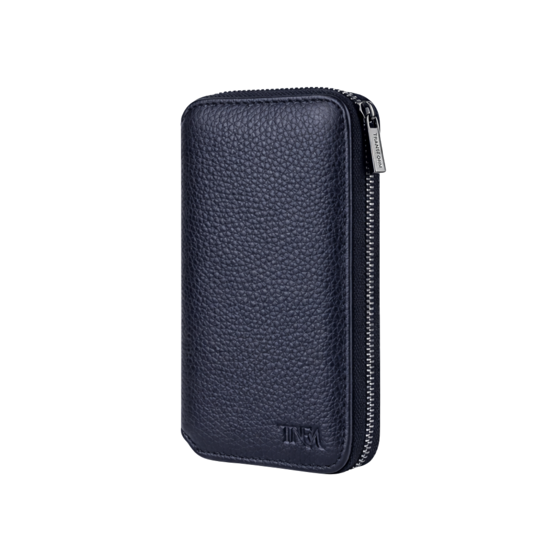 Compact jewellery travel case in navy leather with no background.