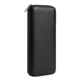 Front view of a large black leather jewellery travel case with no background.
