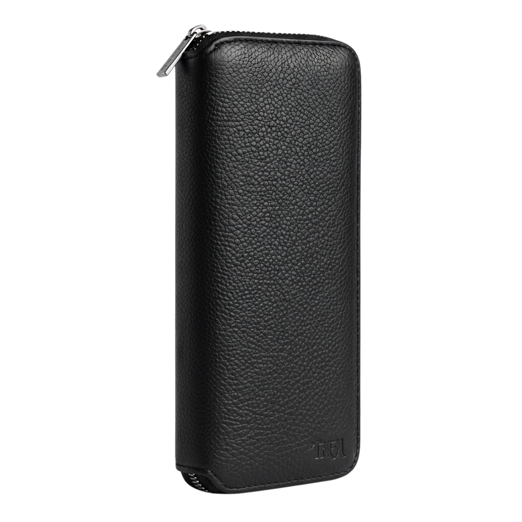 Front view of a large black leather jewellery travel case with no background.