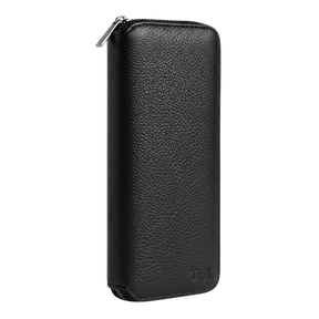 Front view of a large black leather jewellery travel case with no background.