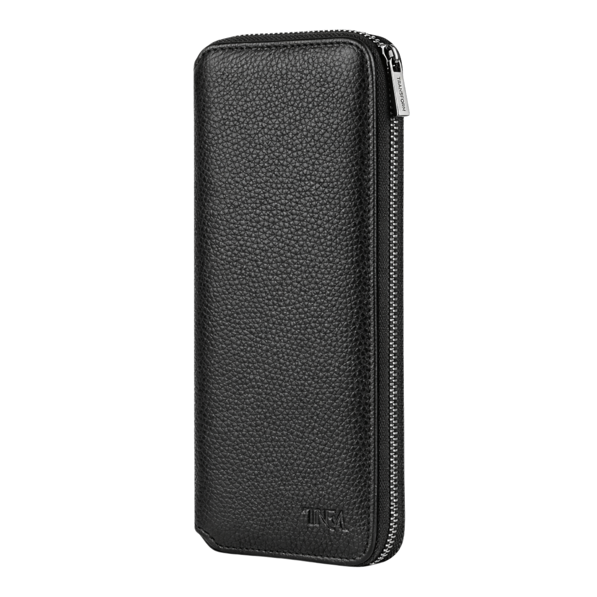 Side view of a large black leather jewellery travel case with no background.