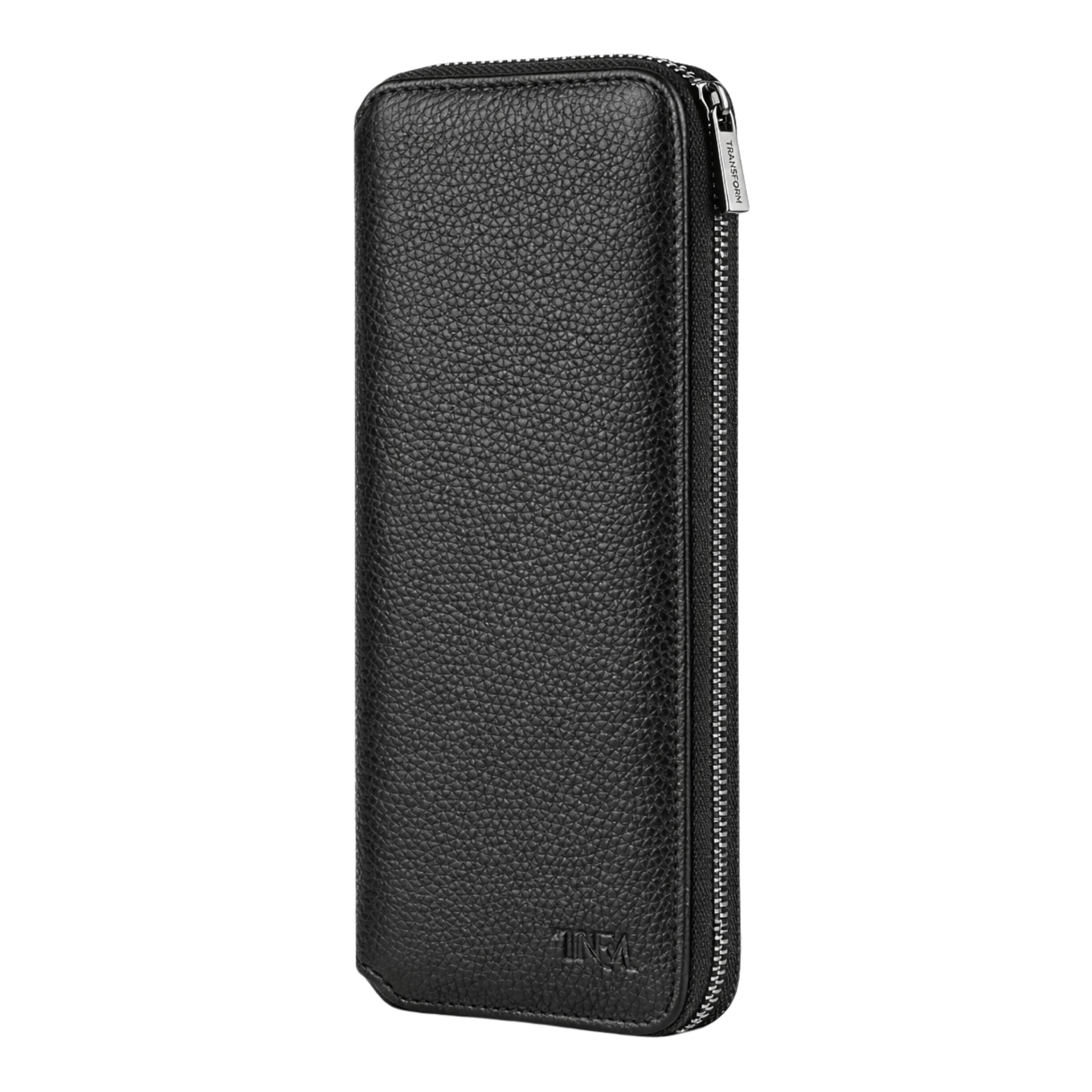 Side view of a large black leather jewellery travel case with no background.