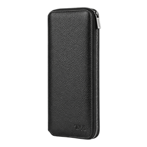 Side view of a large black leather jewellery travel case with no background.