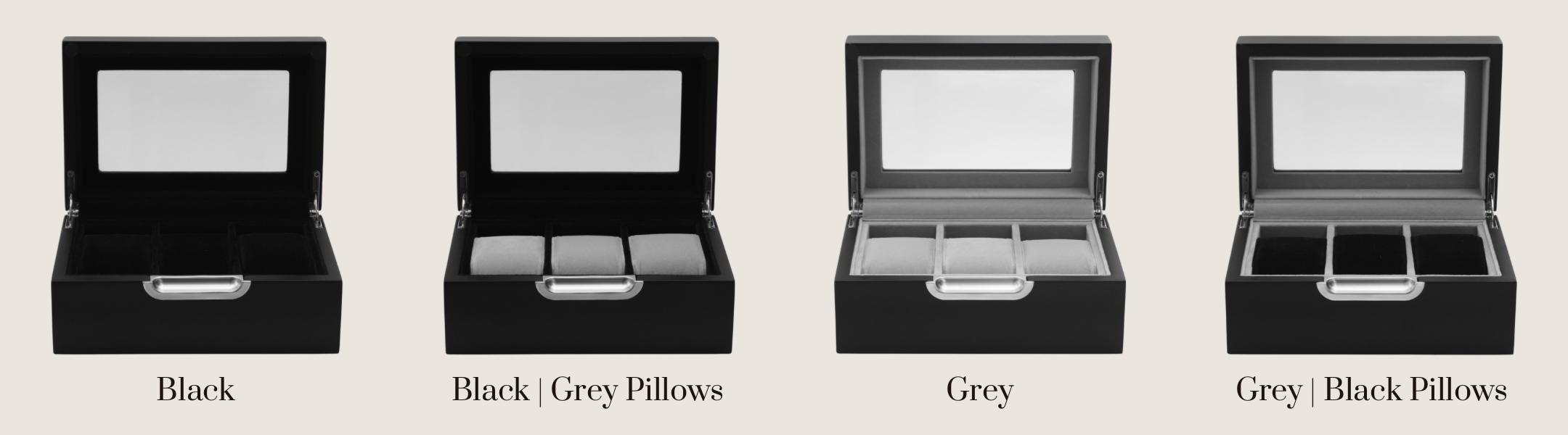 Landscape frontal view of four LDN IlI men's 3-slot watch boxes by Transform, showing all available colourways with the text labels of each colourway written underneath each product.