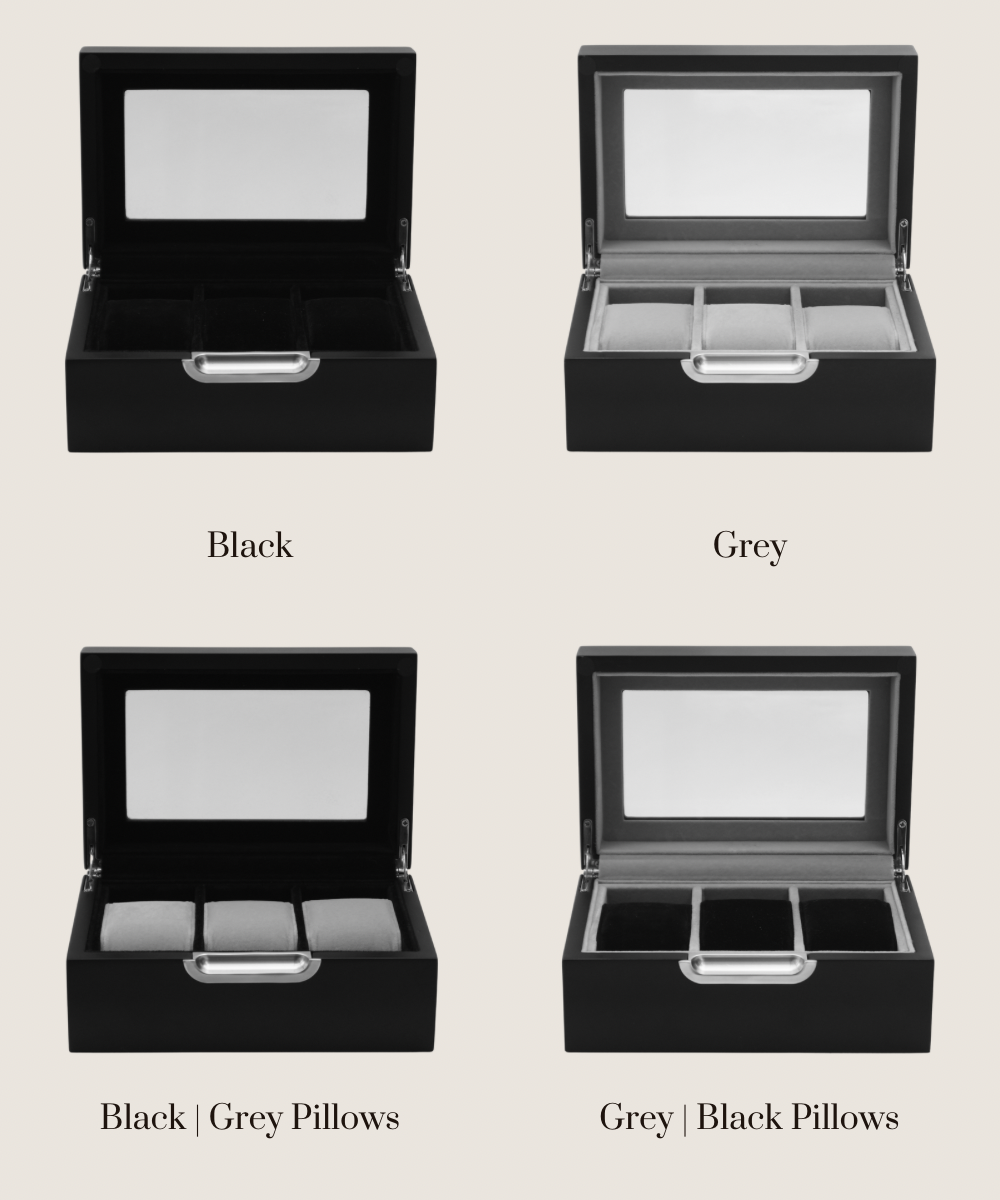 Frontal view of four LDN IlI men's 3-slot watch boxes by Transform, showing all available colourways with the text labels of each colourway written underneath each product.